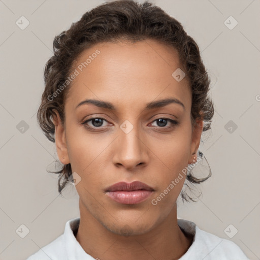 Neutral white young-adult female with short  brown hair and brown eyes