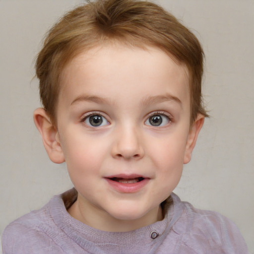 Joyful white child female with short  brown hair and grey eyes