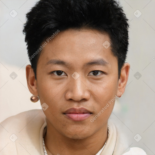 Joyful asian young-adult male with short  black hair and brown eyes