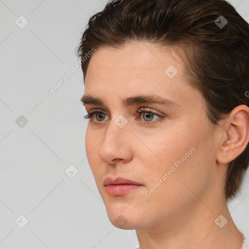 Neutral white young-adult female with medium  brown hair and brown eyes