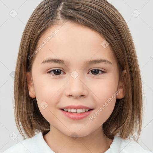 Joyful white child female with medium  brown hair and brown eyes