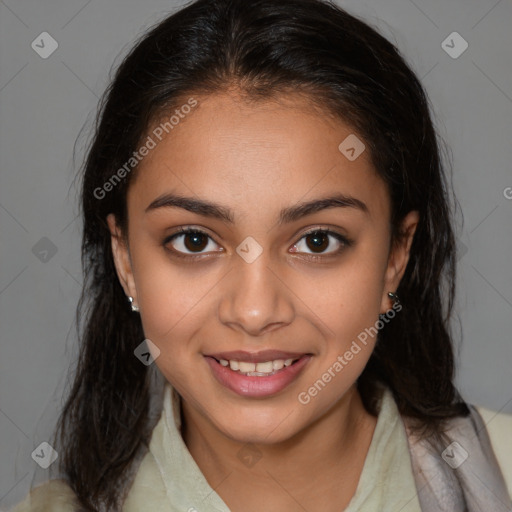 Joyful latino young-adult female with medium  brown hair and brown eyes