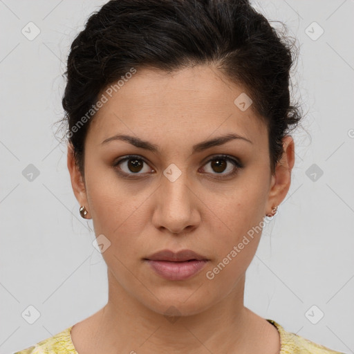 Neutral white young-adult female with short  brown hair and brown eyes