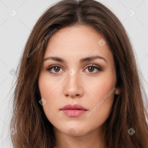 Neutral white young-adult female with long  brown hair and brown eyes