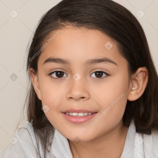 Joyful white child female with medium  brown hair and brown eyes