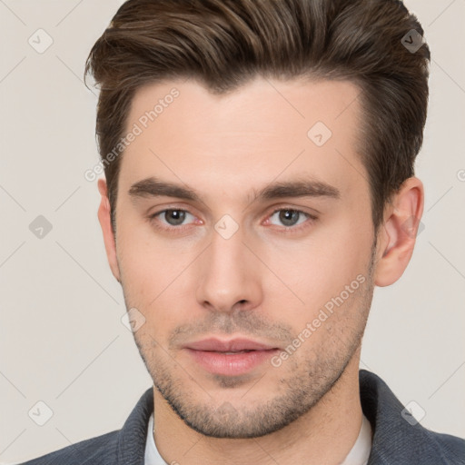 Neutral white young-adult male with short  brown hair and brown eyes