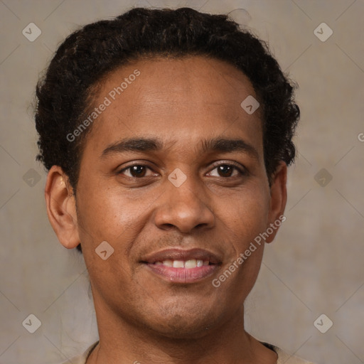 Joyful latino young-adult male with short  brown hair and brown eyes