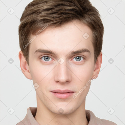 Neutral white young-adult male with short  brown hair and grey eyes