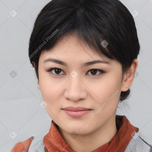 Joyful asian young-adult female with medium  black hair and brown eyes