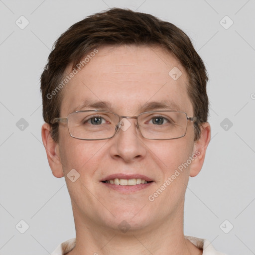 Joyful white adult male with short  brown hair and grey eyes