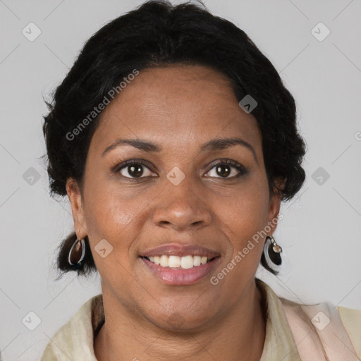 Joyful white adult female with medium  brown hair and brown eyes