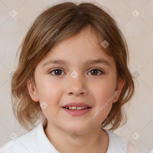 Joyful white child female with medium  brown hair and brown eyes