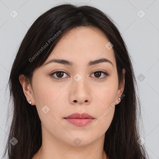 Neutral asian young-adult female with long  brown hair and brown eyes