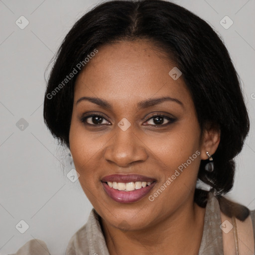 Joyful black young-adult female with medium  brown hair and brown eyes