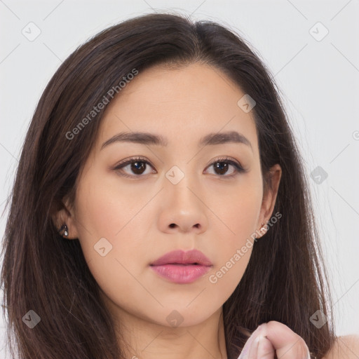 Neutral asian young-adult female with long  brown hair and brown eyes