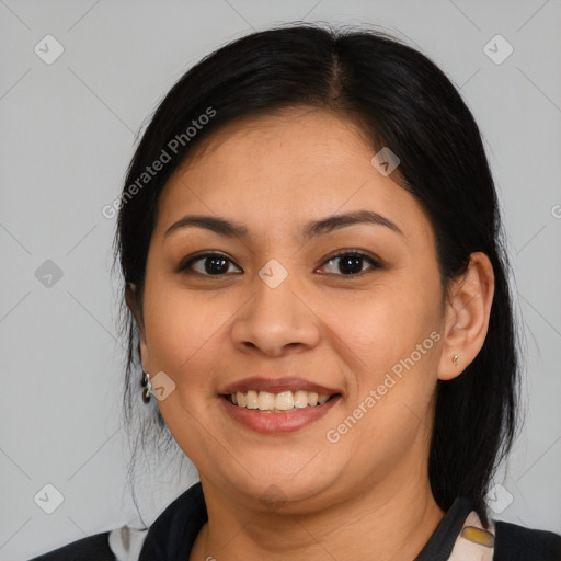 Joyful asian young-adult female with medium  brown hair and brown eyes