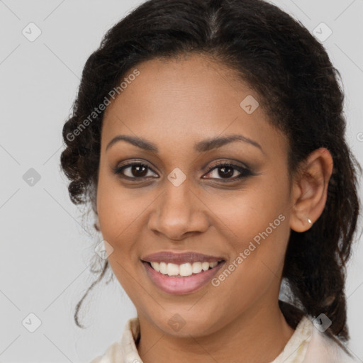 Joyful latino young-adult female with medium  brown hair and brown eyes