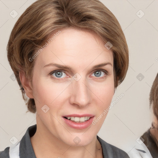 Joyful white young-adult female with medium  brown hair and blue eyes