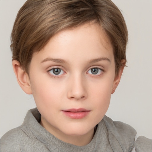 Neutral white child female with short  brown hair and grey eyes