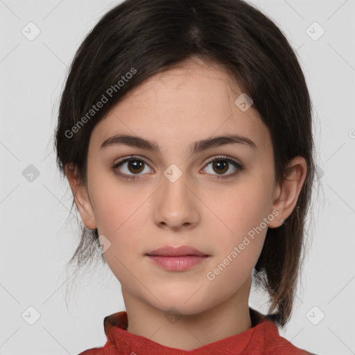 Neutral white young-adult female with medium  brown hair and brown eyes