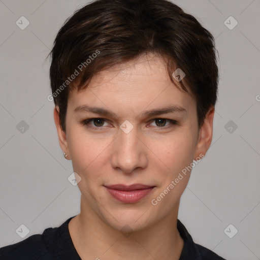 Joyful white young-adult female with short  brown hair and brown eyes