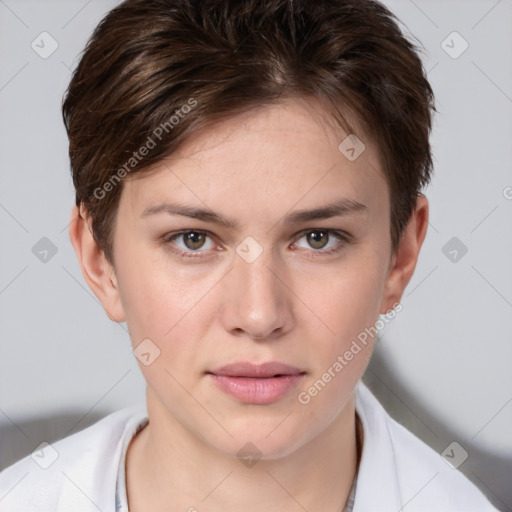 Neutral white young-adult female with short  brown hair and brown eyes