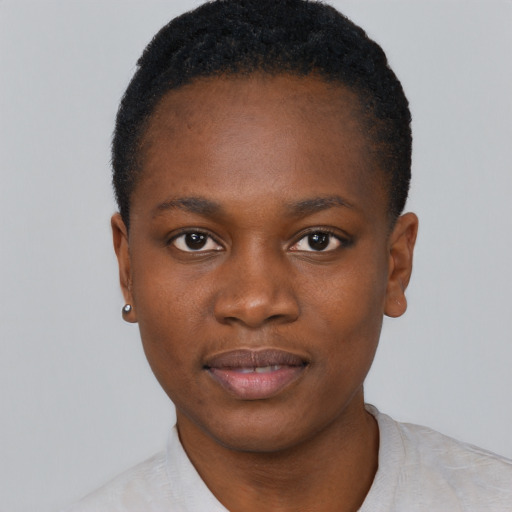 Neutral black young-adult female with short  black hair and brown eyes