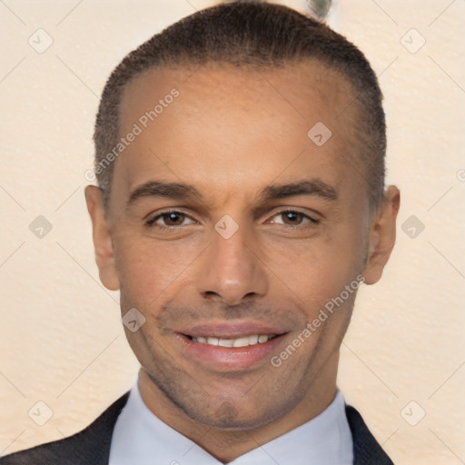 Joyful white adult male with short  brown hair and brown eyes