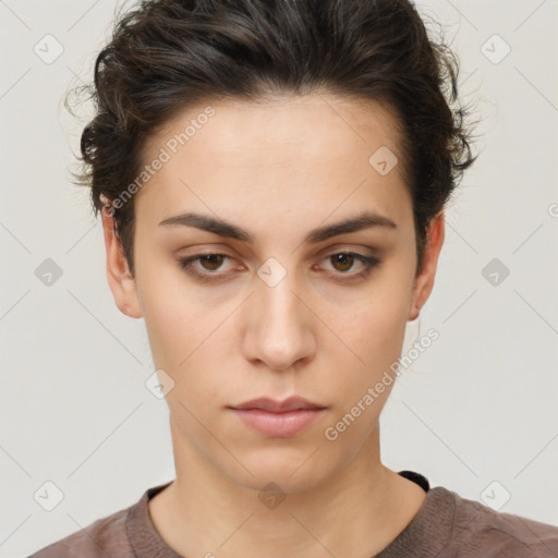 Neutral white young-adult female with short  brown hair and brown eyes