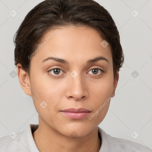 Neutral white young-adult female with short  brown hair and brown eyes