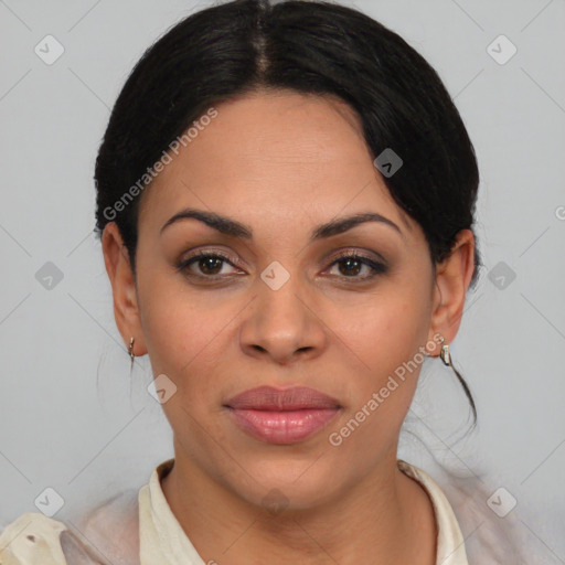 Joyful latino young-adult female with medium  brown hair and brown eyes