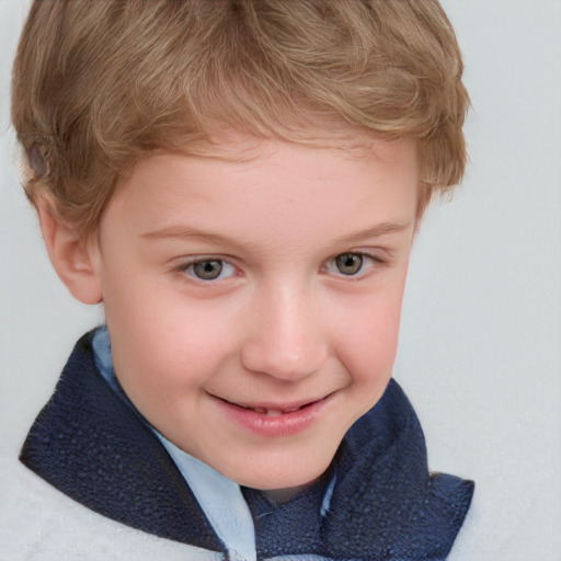 Joyful white child female with short  brown hair and blue eyes