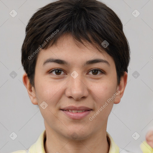 Joyful white young-adult female with short  brown hair and brown eyes