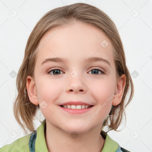 Joyful white child female with medium  brown hair and blue eyes