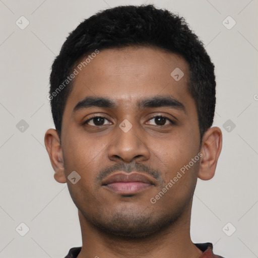 Neutral latino young-adult male with short  black hair and brown eyes