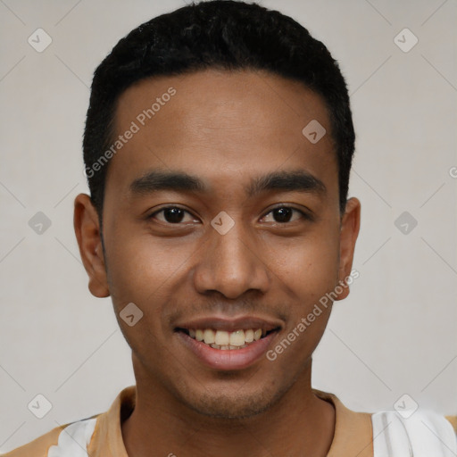 Joyful latino young-adult male with short  black hair and brown eyes