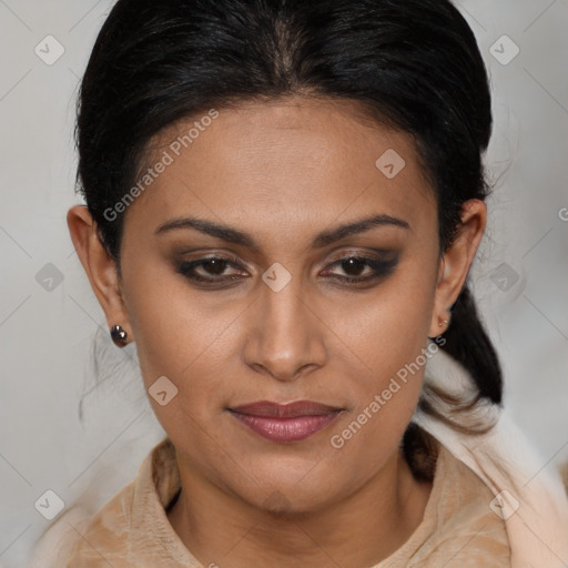 Joyful latino young-adult female with medium  brown hair and brown eyes