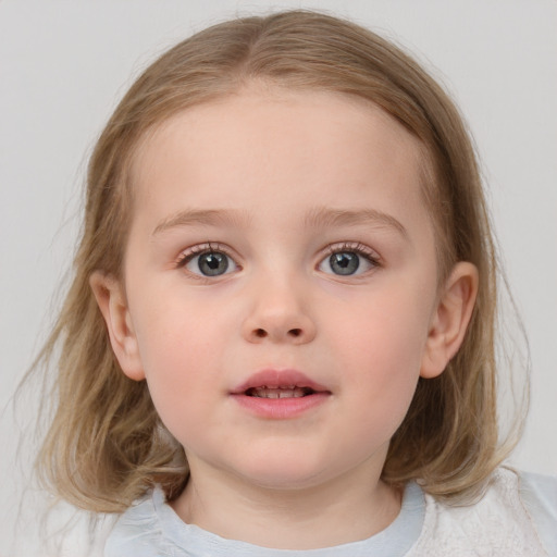 Neutral white child female with medium  brown hair and blue eyes