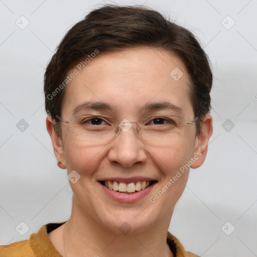 Joyful white adult female with short  brown hair and brown eyes