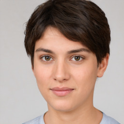 Neutral white young-adult female with short  brown hair and brown eyes