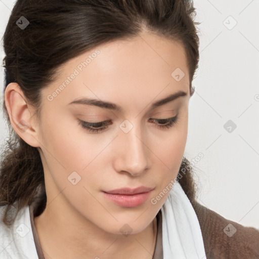 Neutral white young-adult female with medium  brown hair and brown eyes