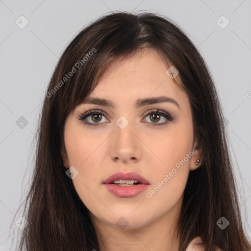 Neutral white young-adult female with long  brown hair and brown eyes