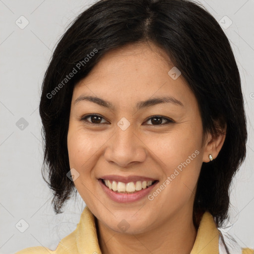 Joyful white young-adult female with medium  brown hair and brown eyes