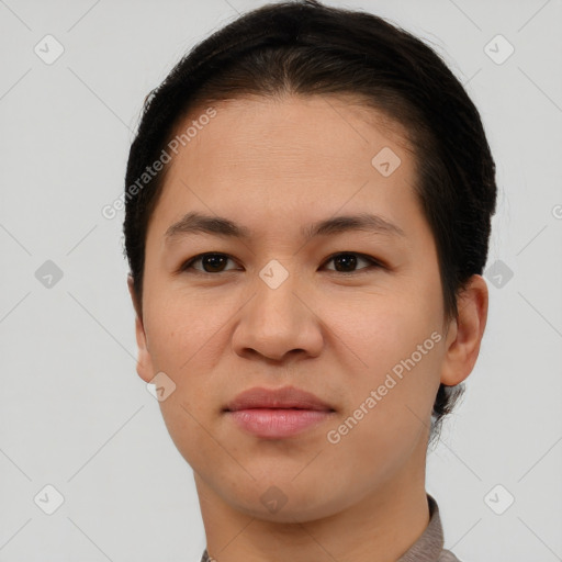 Joyful asian young-adult female with short  brown hair and brown eyes