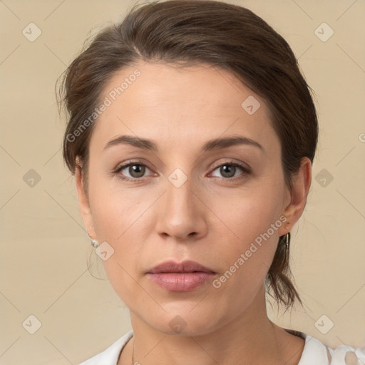 Neutral white young-adult female with medium  brown hair and brown eyes