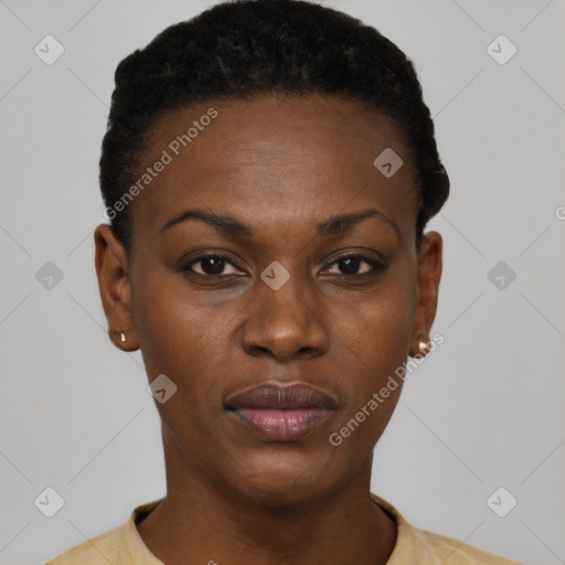 Neutral black young-adult female with short  black hair and brown eyes