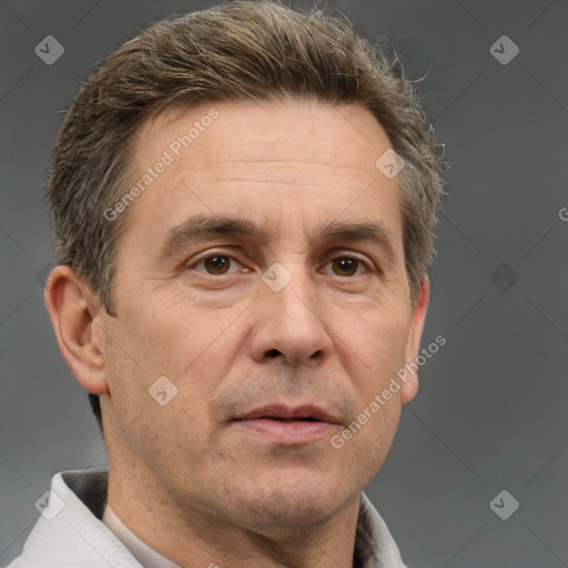 Neutral white adult male with short  brown hair and brown eyes