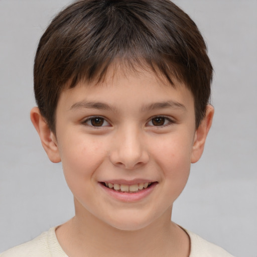 Joyful white child female with short  brown hair and brown eyes