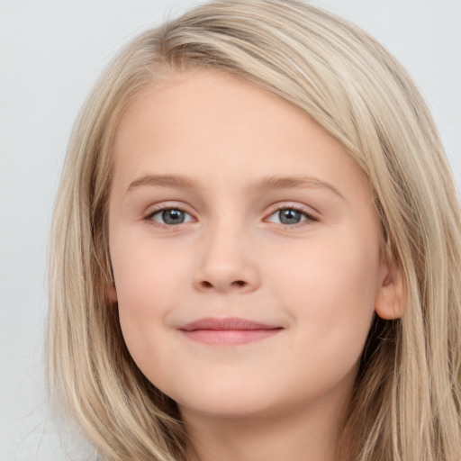 Joyful white child female with long  brown hair and grey eyes