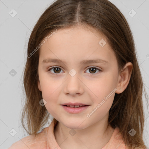 Joyful white child female with medium  brown hair and brown eyes